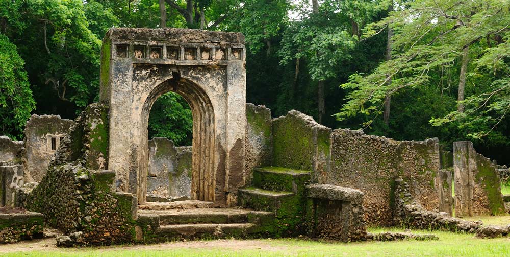 Ancient stone ruins featuring an arched entryway and moss-covered walls, set in a lush, green fores