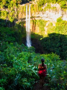 Aerial view of Chamarel Waterfall in tropical jungle of Mauritius