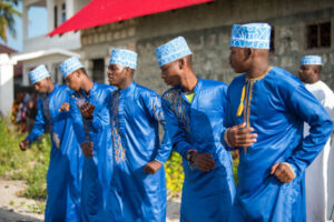 Zanzibar City,Tanzania-January 05,2019: Local people dressed in traditional attire perform a musical dance performance.