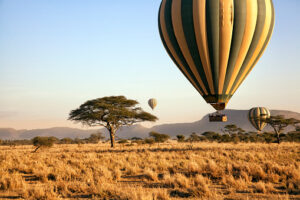 Three hot air balloons drift over the plains 