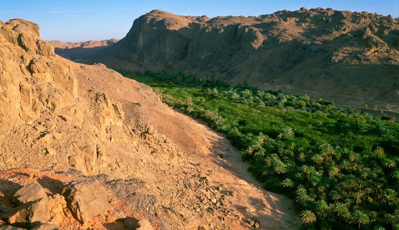 Bardaï, Chad: desert with mountains and trees.