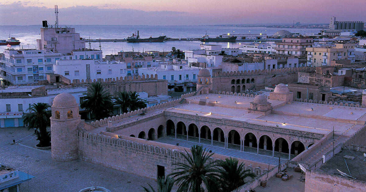 A panoramic view of Medina Historic Site in Tunisia, showcasing a mosque alongside a bustling harbor.
