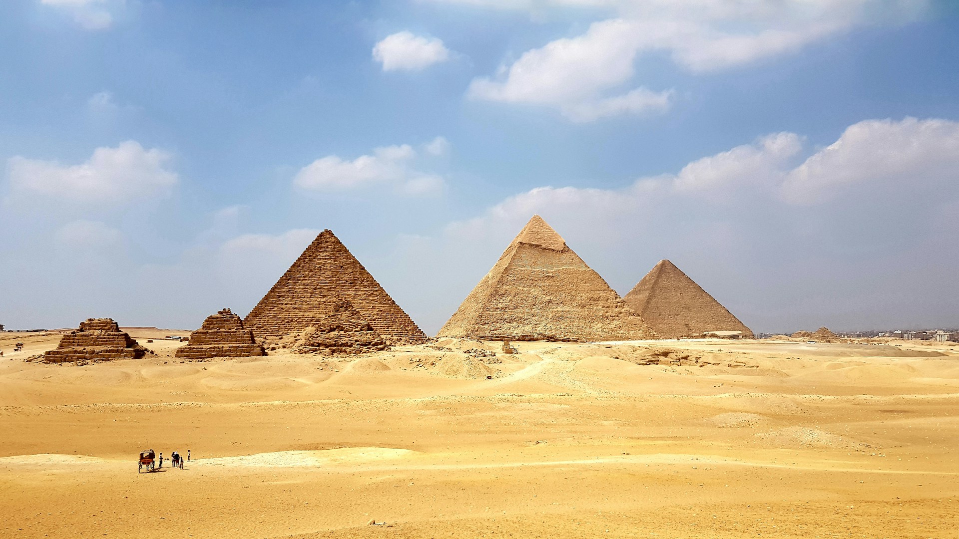 The iconic Great Pyramids of Giza in Egypt on the Giza Plateau.