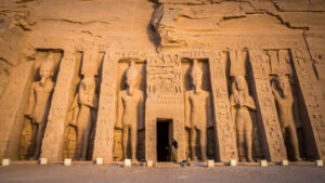 Abu Simbel, Egypt - November 14, 2018 :
the guardian of the Nefertari's temple of Hathor keeps watch at the entrance of the temple 