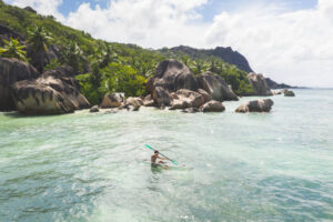 Beautiful beach with white sand on a tropical island in the Seychelles