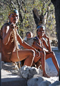 San bush people family group, Makgadikgadi Pans, Botswana, Southern Africa. The San are an ancient indigenous tribal people who inhabited much of southern Africa and although few in number today remain proud of their culture, ancestry and traditional ways of dress, customs and behaviour that included subsistence hunting and foraging