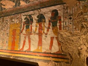The close-up view of the paintings on the tomb of Nefertari in Egypt