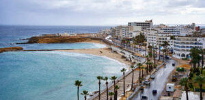 Monastir, Tunisia, January 19, 2023: Aerial view of the promenade with an attached road in the tourist city of Monastir