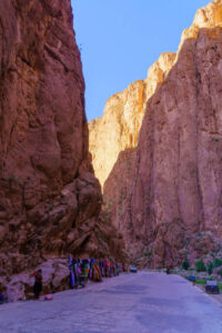 View of the Todgha (Todra) gorge, with traditional products on sale, in the High Atlas Mountains, Morocco