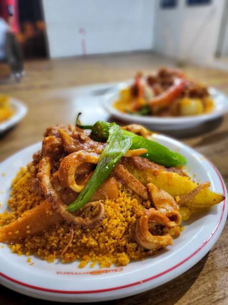 couscous with seafood and vegetables in a spicy tomato sauce. Food in Tunisia