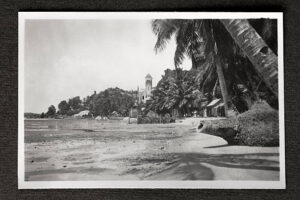 "Vintage black and white photograph of the river shoreline and St Andrew's Church, Mahe, Seychelles. Some dust and scratches which convey age of original image, taken in 1942.Please see my vintage images lightbox..."