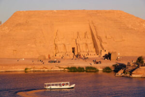 Abu simbel, Egypt 08 04 2022: The Great Temple of Ramses II in the villlage of Abu Simbel at dawn. Abu Simbel is a historic site comprising two rock-cut temples on the westwrn bank of Lake Nasser